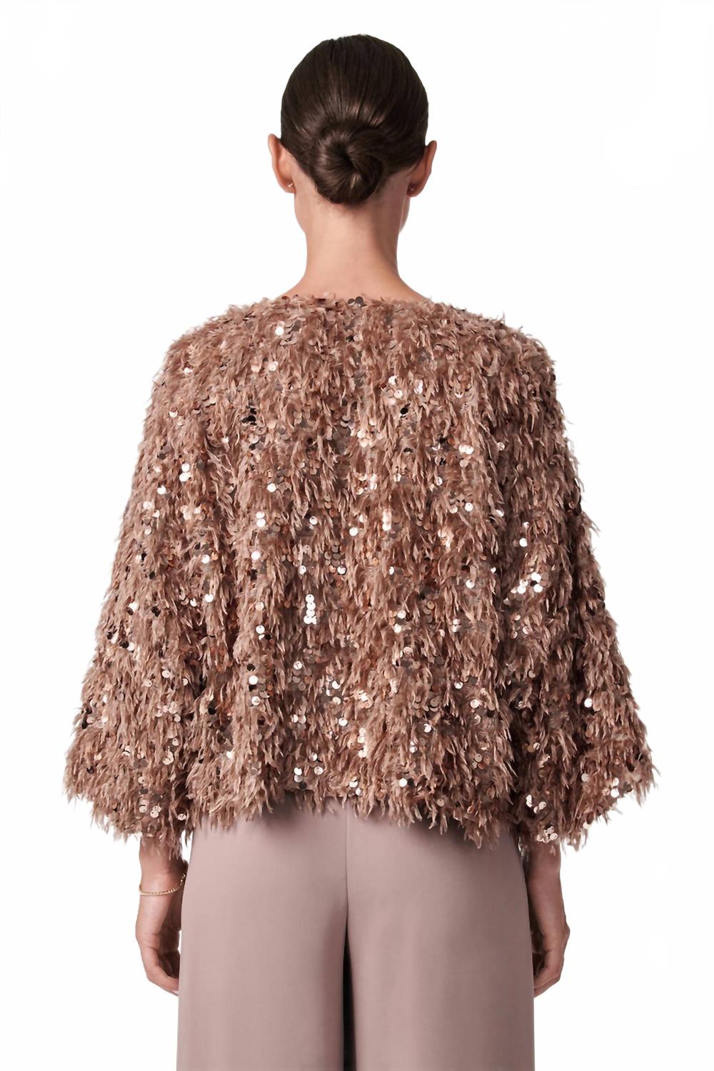 oller cropped faux fur coat in beige rhinestone