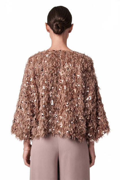 oller cropped faux fur coat in beige rhinestone
