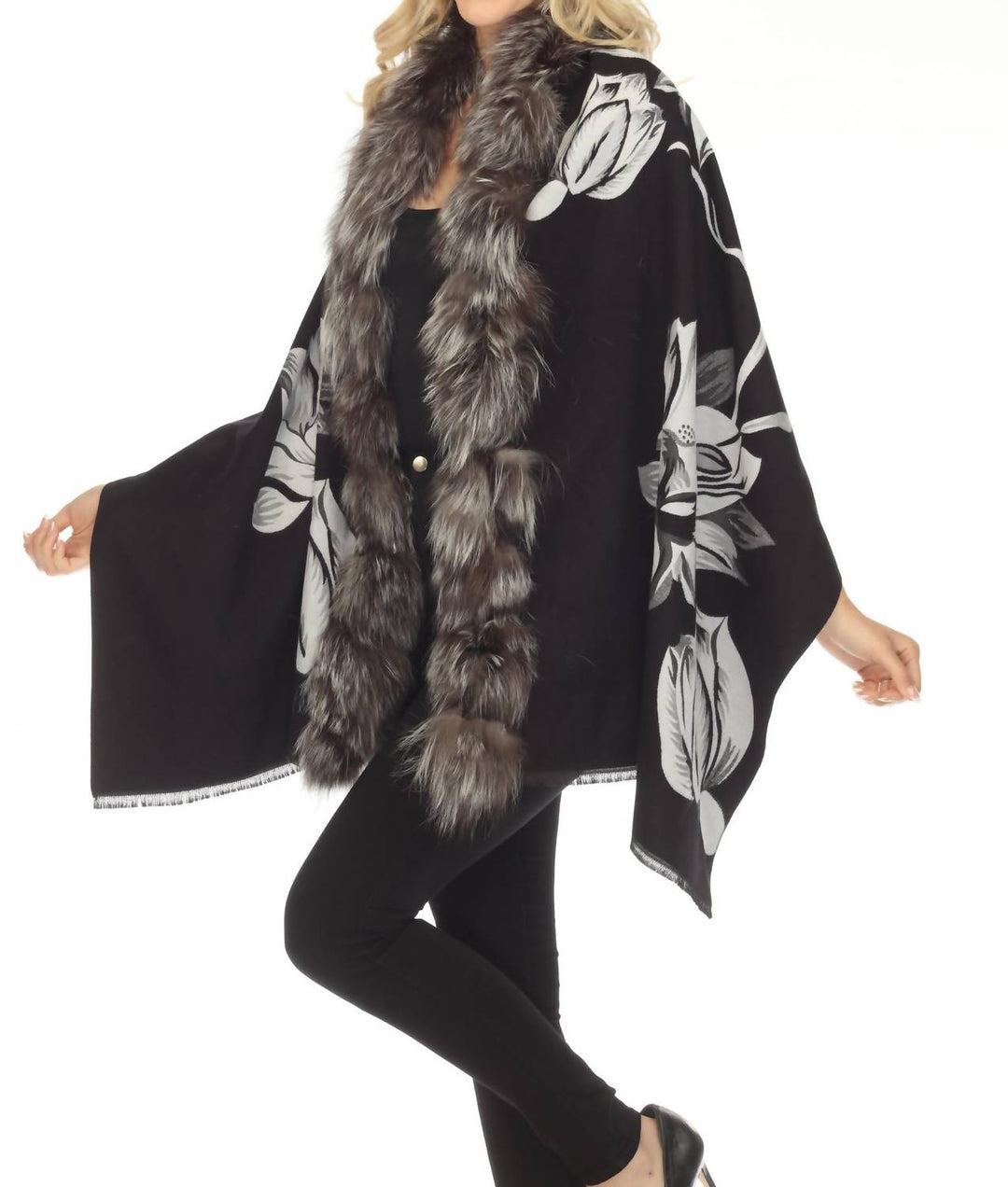 real silver fox trim cashmere blend floral wrap cover-up in black/white