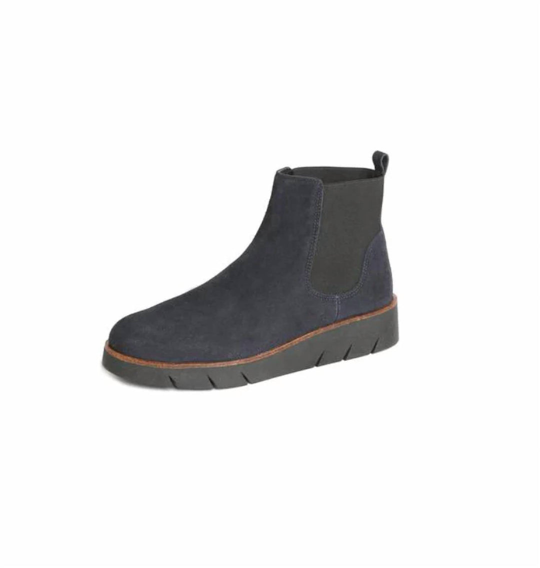 coral suede wedge booties in dark blue