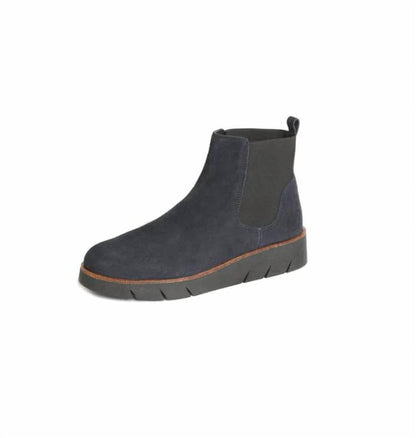 coral suede wedge booties in dark blue