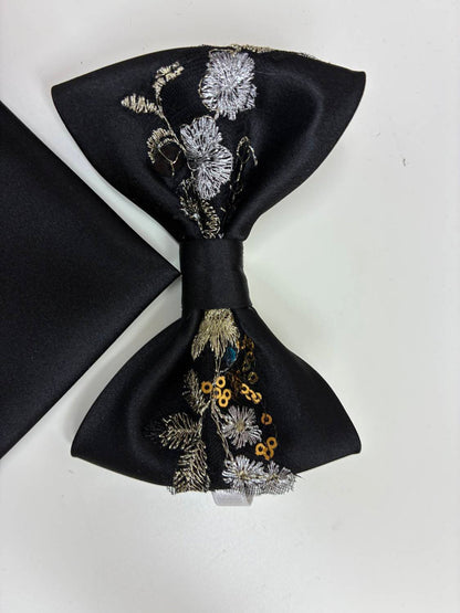 men's bow tie and pocket piece in black with embroidered pattern
