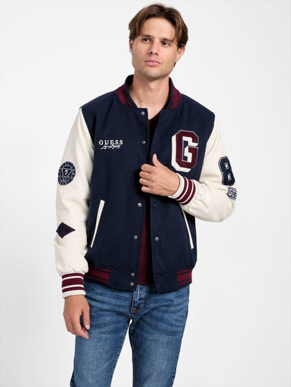 mark hooded varsity jacket