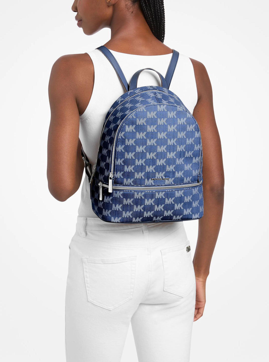 rhea medium logo jacquard denim backpack