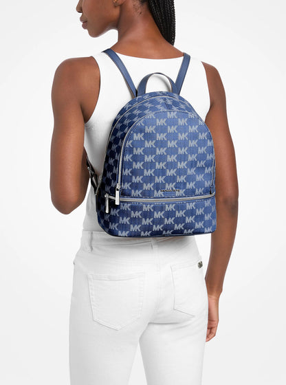rhea medium logo jacquard denim backpack