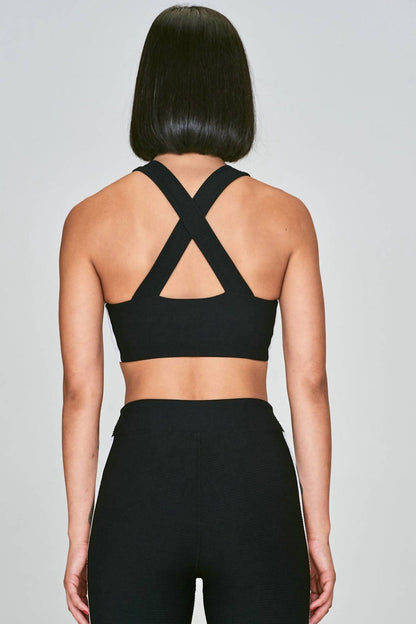 monochrome waffle cross back bra in black
