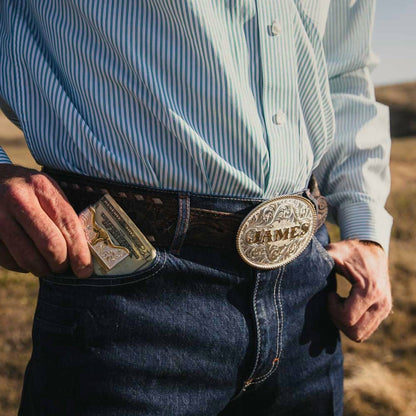 two-tone carved longhorn money clip in silver and gold