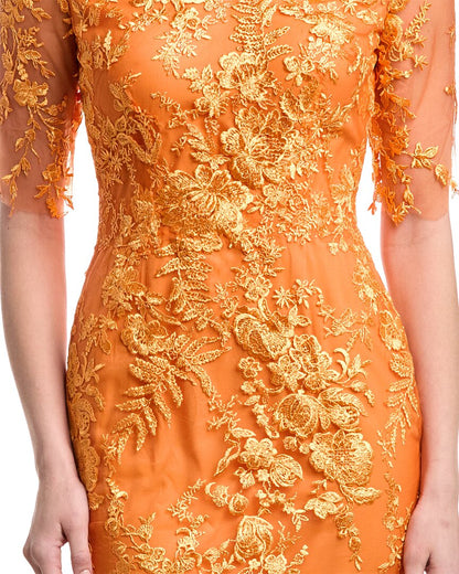v-neck elbow sleeves trumpet gown