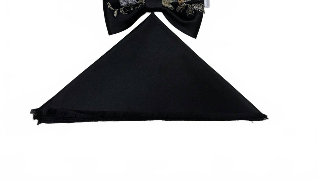 men's bow tie and pocket piece in black with embroidered pattern