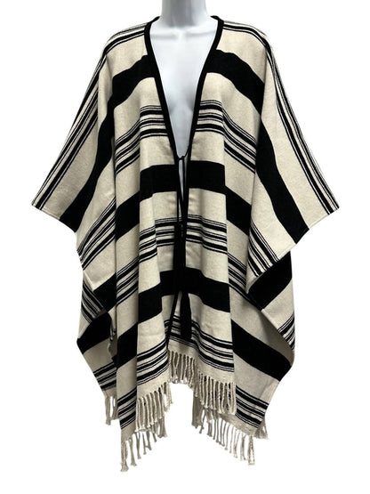jacquard mantella cape in white & black with black suede tassles