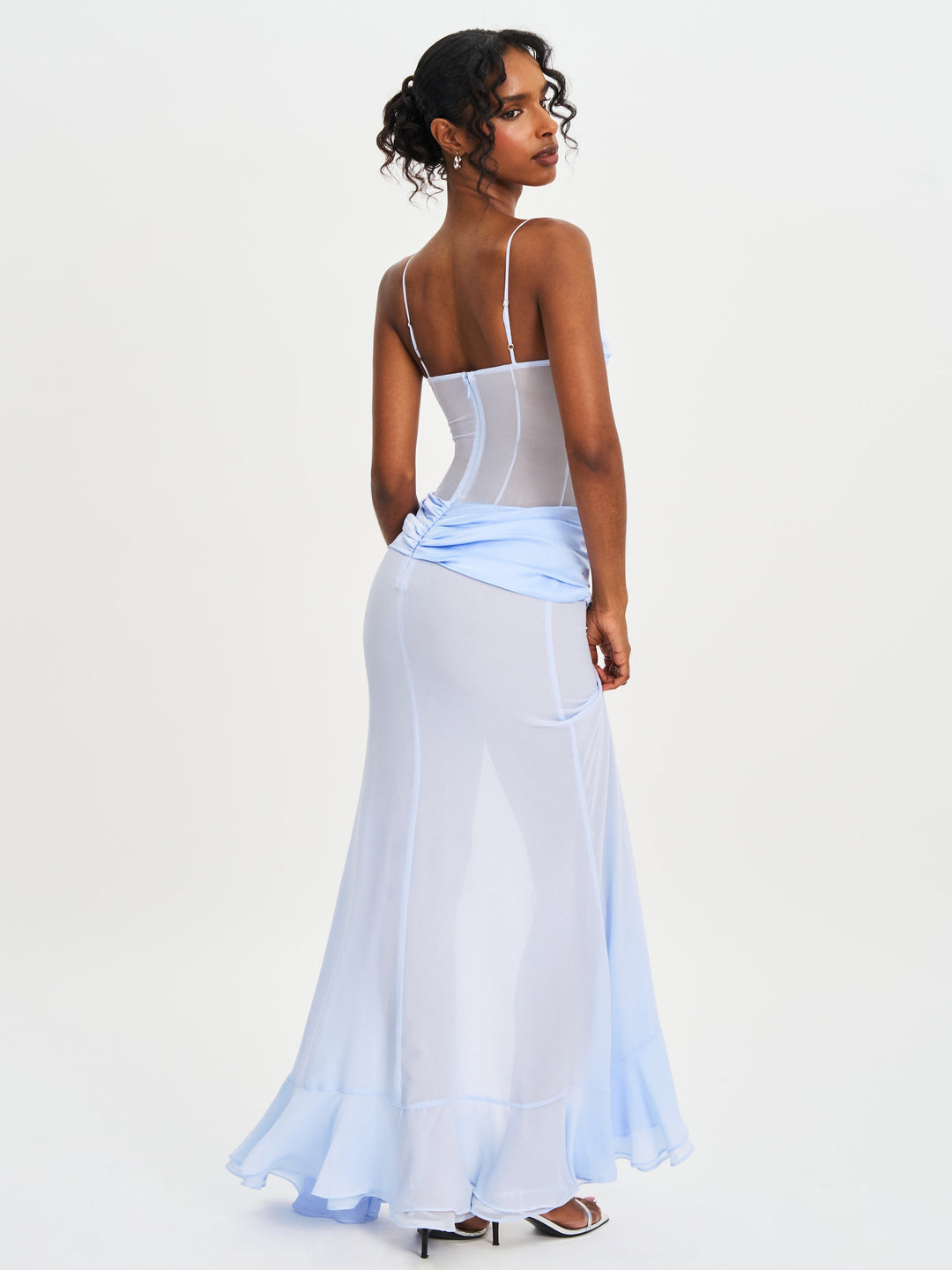 women lacy blue ruched breast high slit chiffon dress