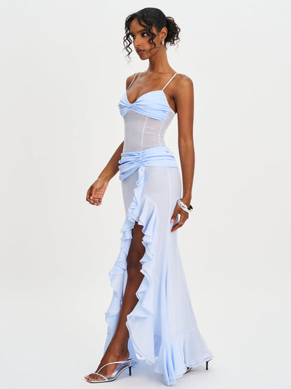 women lacy blue ruched breast high slit chiffon dress