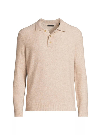 men's merino wool blend long sleeve polo in heather soft pecan brown
