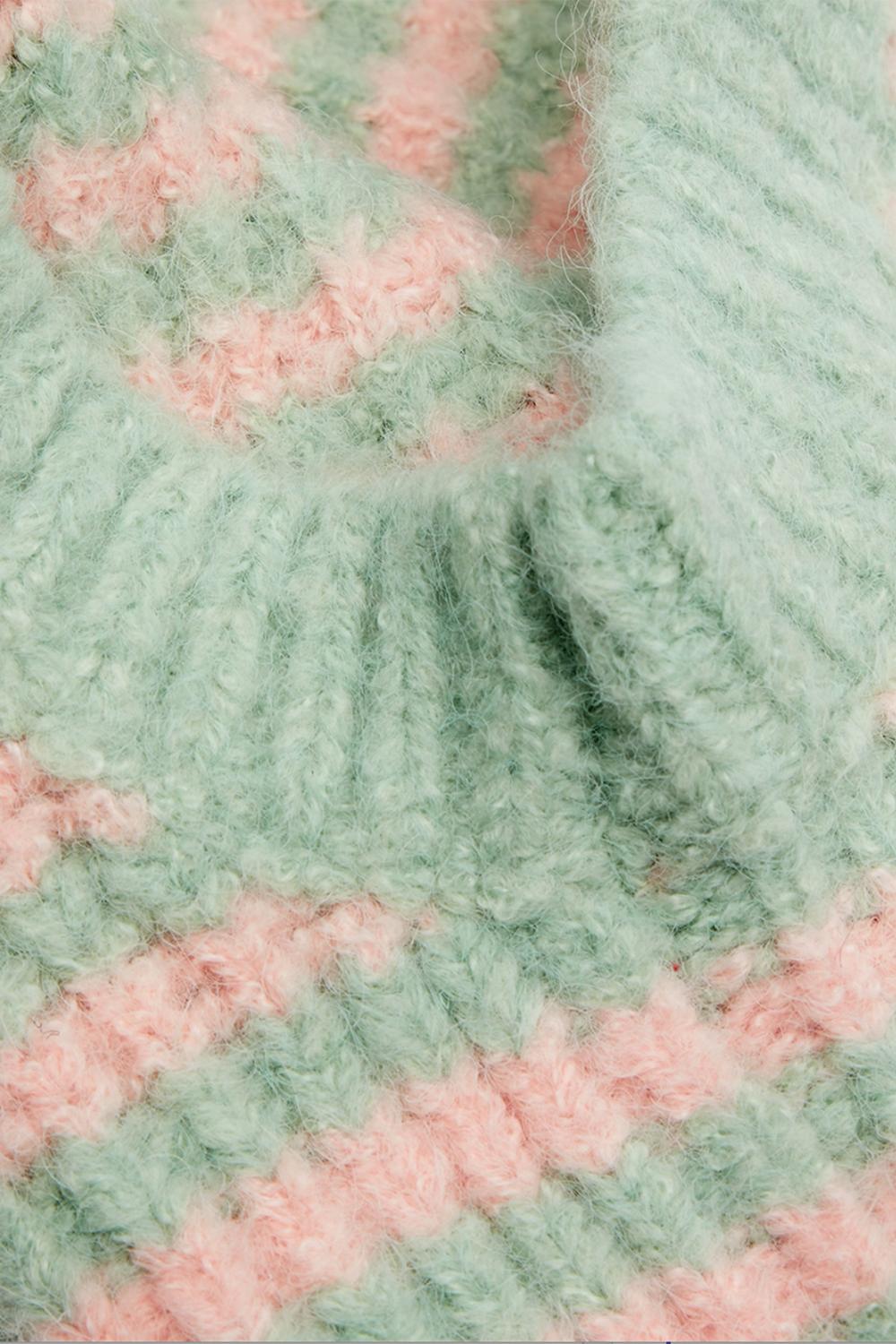alisa alpaca-blend balaclava in green/pink stripes