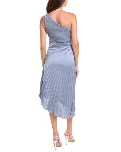one-shoulder sunburst pleated cocktail dress