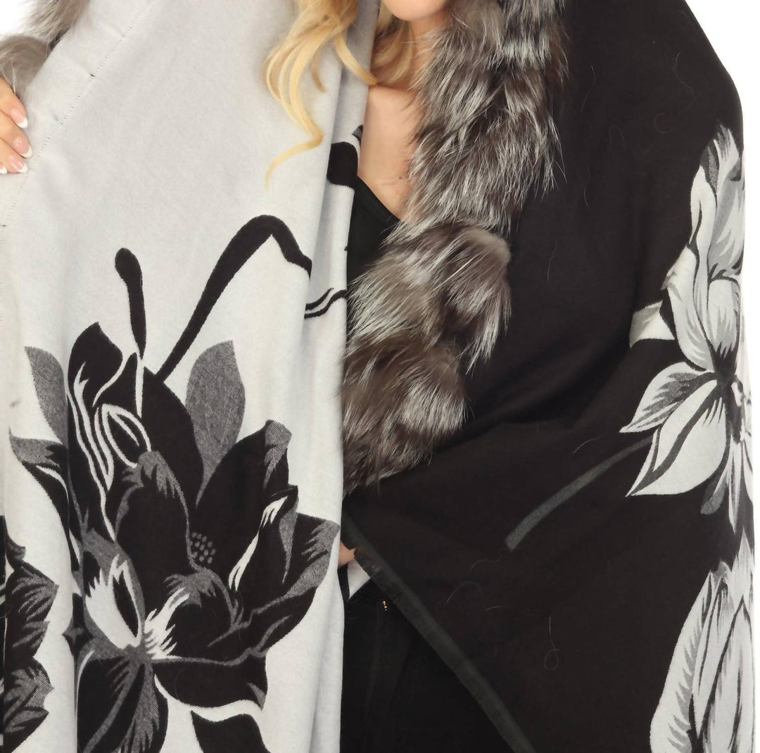 real silver fox trim cashmere blend floral wrap cover-up in black/white