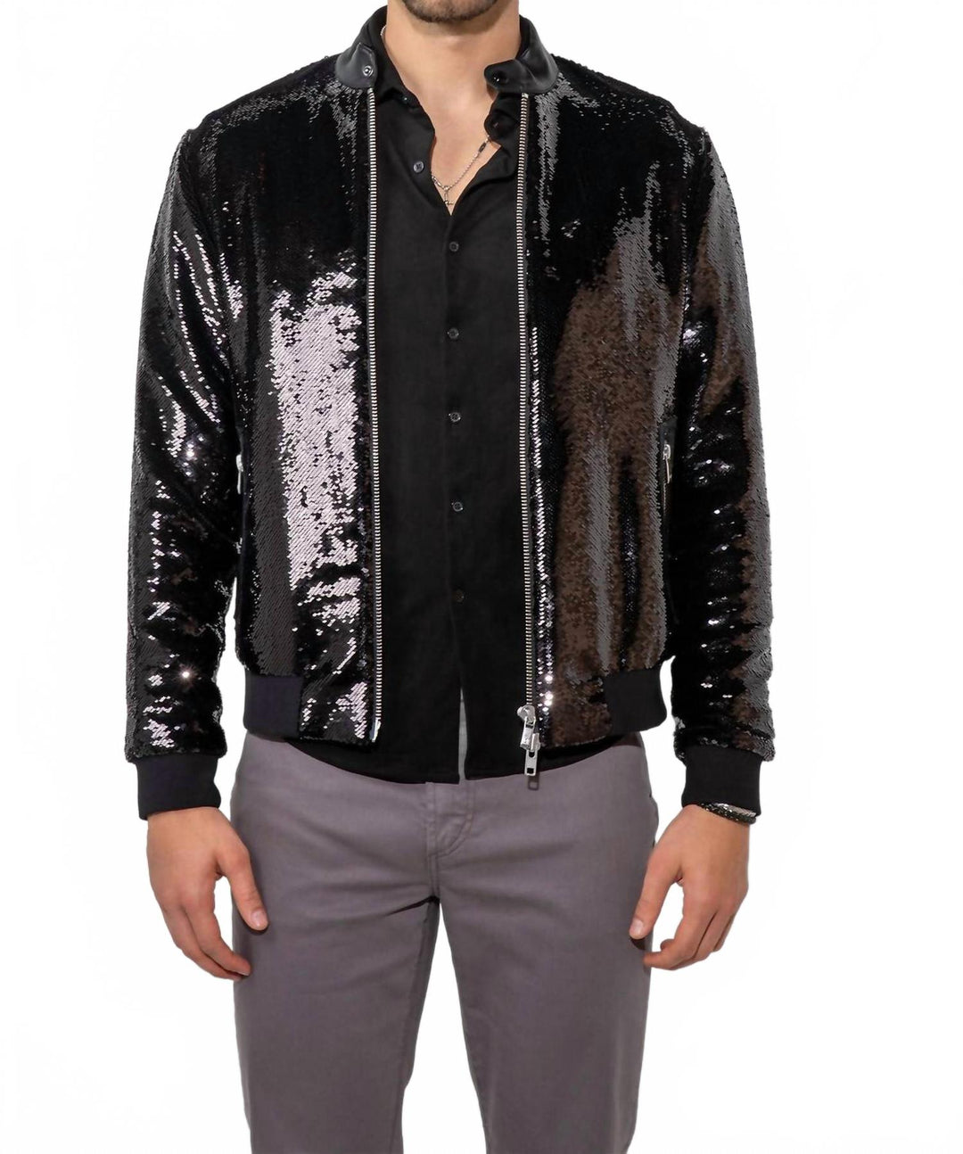 ryder long sleeve bomber jacket in sequin noir