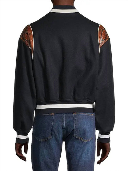 wool-blend snakeskin-embossed bomber jacket in navy