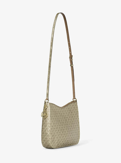 nayla medium metallic signature logo messenger bag