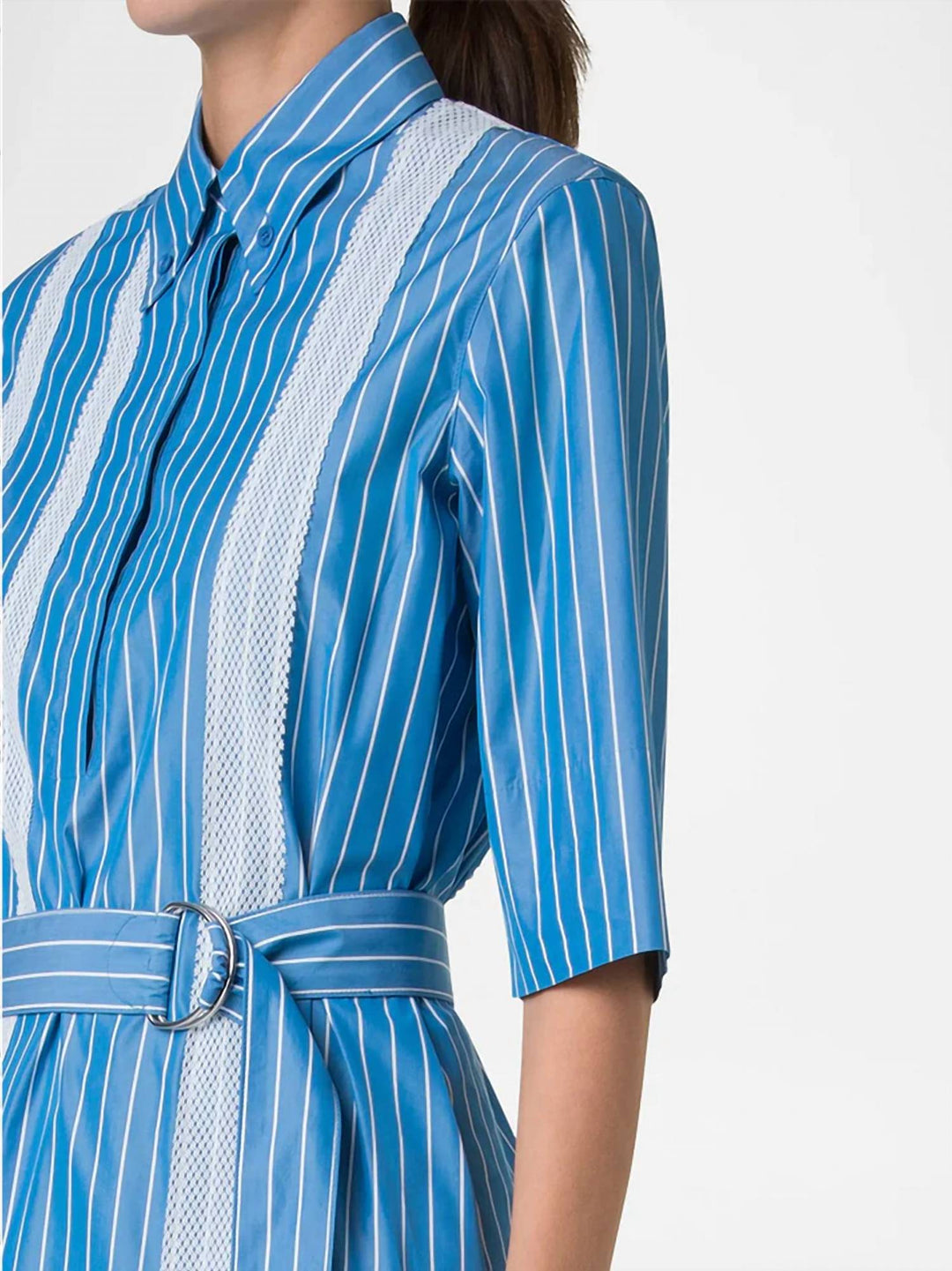 pyjama stripe mandarin collar shirt dress in medium blue/cream