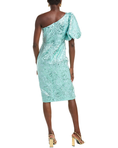 one-shoulder metallic jacquard cocktail dress