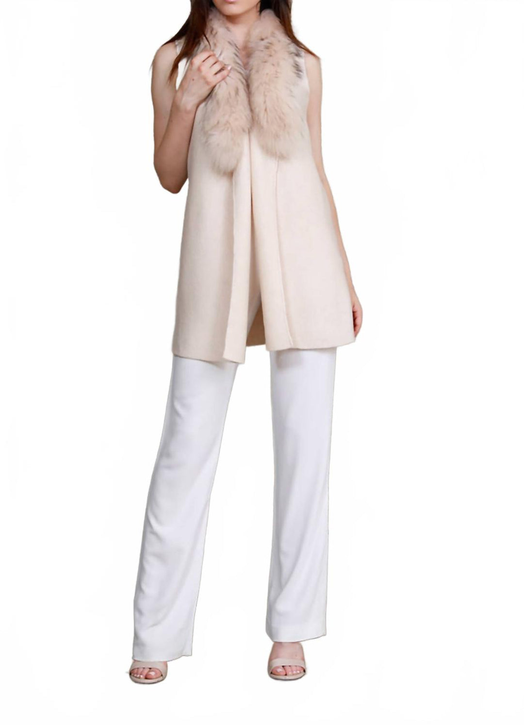 women's cream fur collar vest in beige