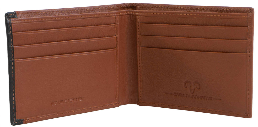 men's goat nappa leather bi-fold wallet in cognac/black