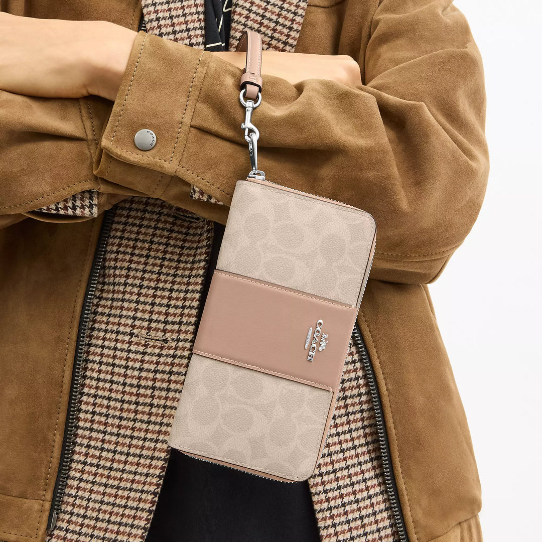 long zip around wallet in signature canvas with stripe
