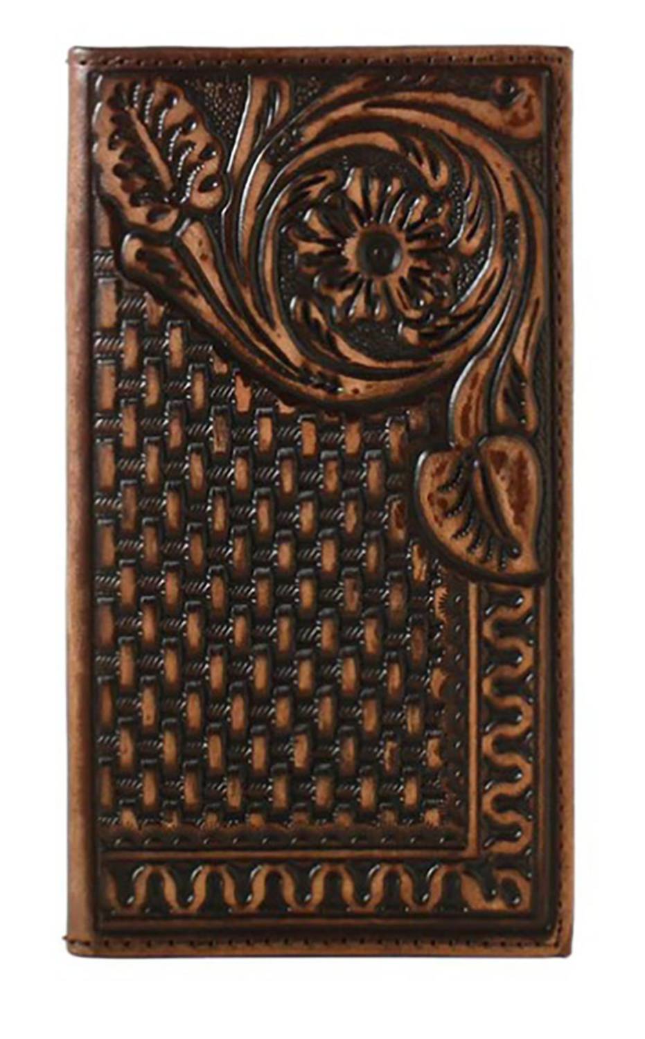 men's leather floral basketweave wallet in brown