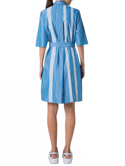 pyjama stripe mandarin collar shirt dress in medium blue/cream