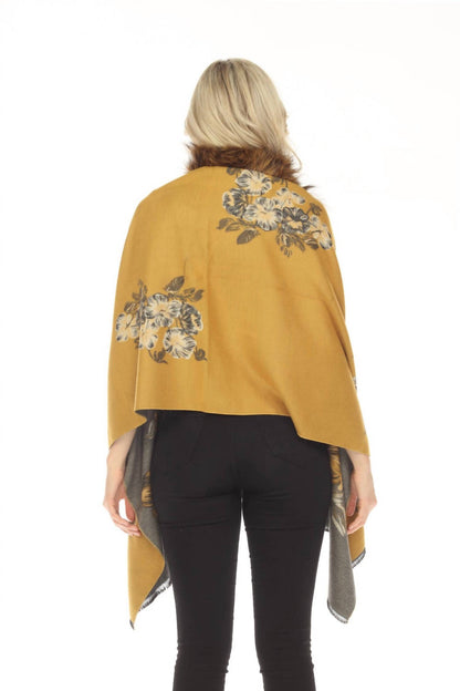 real silver fox trim cashmere blend floral wrap cover-up in mustard