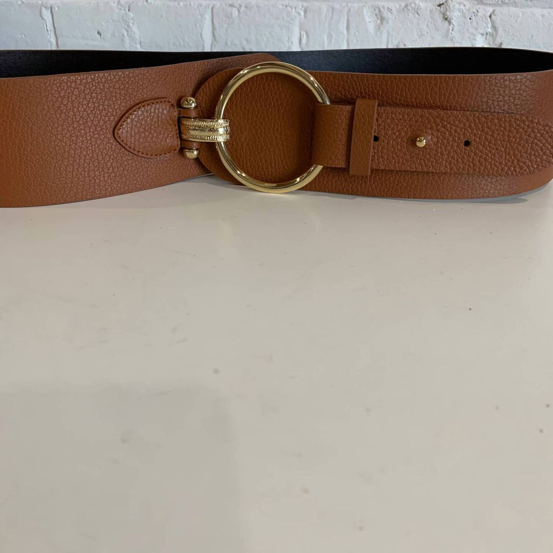women's gold circle belt in tan