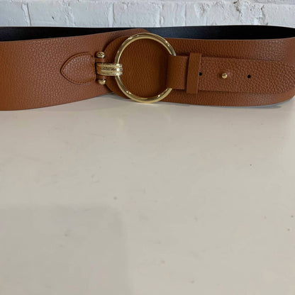 women's gold circle belt in tan