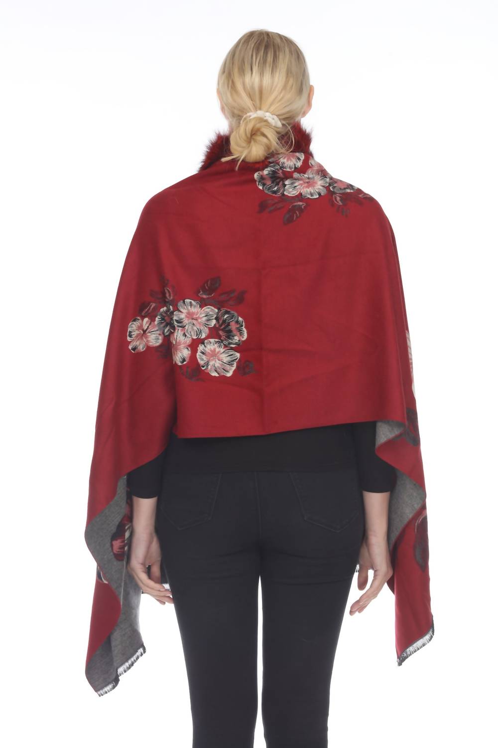 real silver fox trim cashmere blend floral wrap cover-up in wine/black