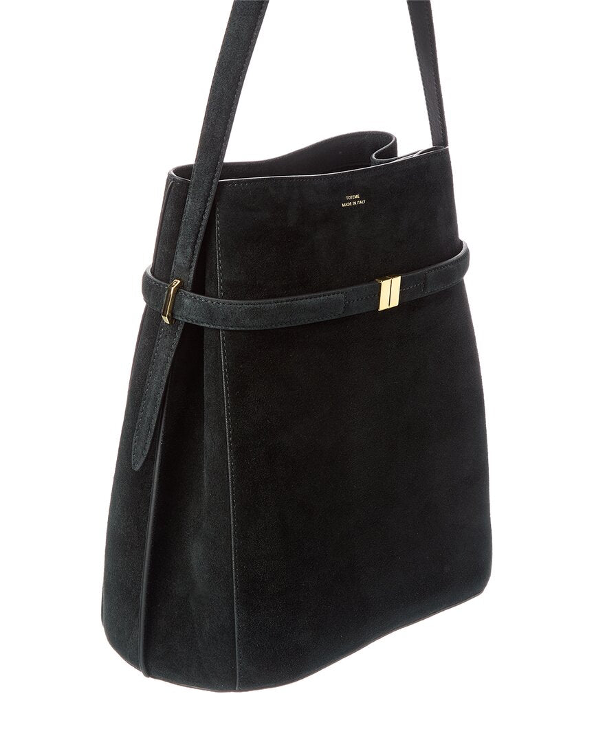 belted suede bucket bag