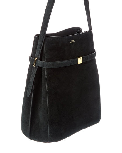 belted suede bucket bag