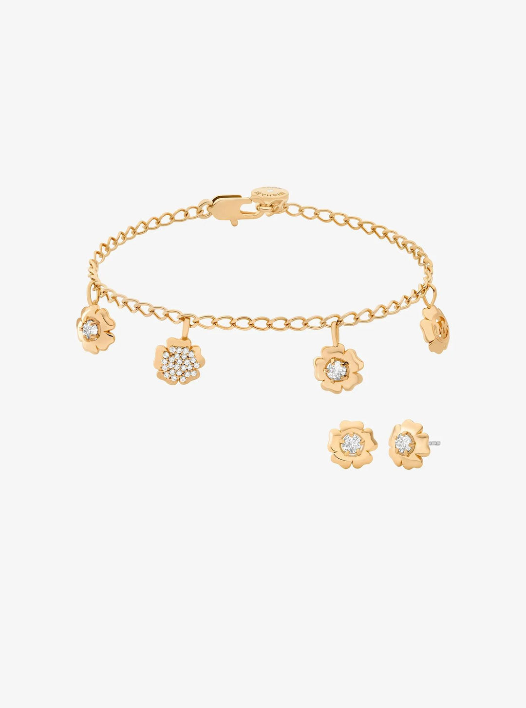 pavé flower charm bracelet and stud earrings jewelry set