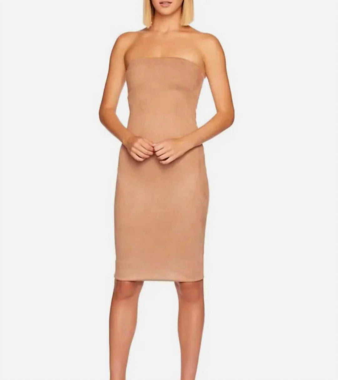 faux suede tube strapless midi dress in sand