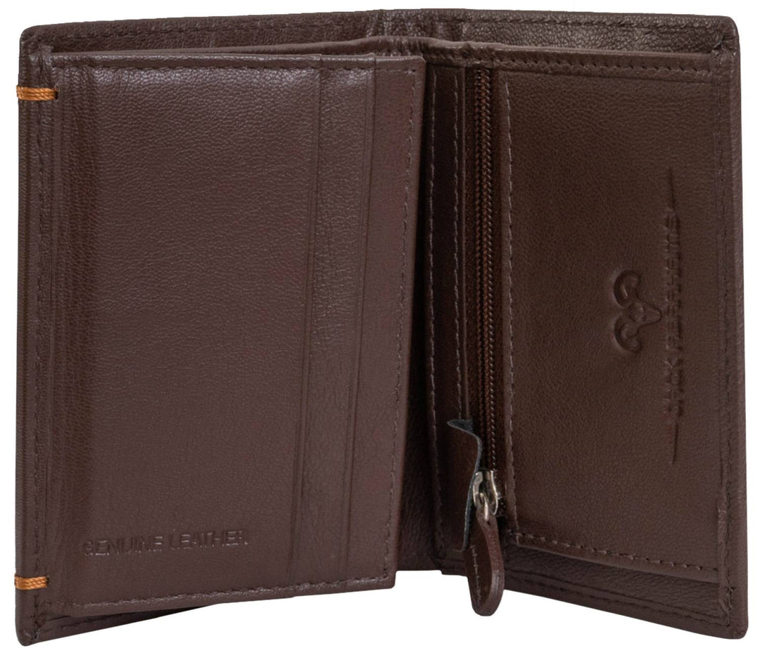 men's goat nappa leather bi-fold wallet with zipper pocket in brown