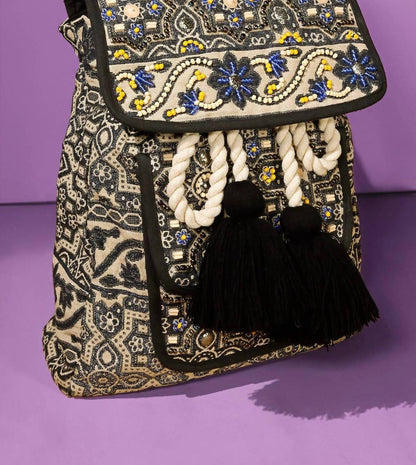 women's hand-beaded front pocket backpack in moon flower
