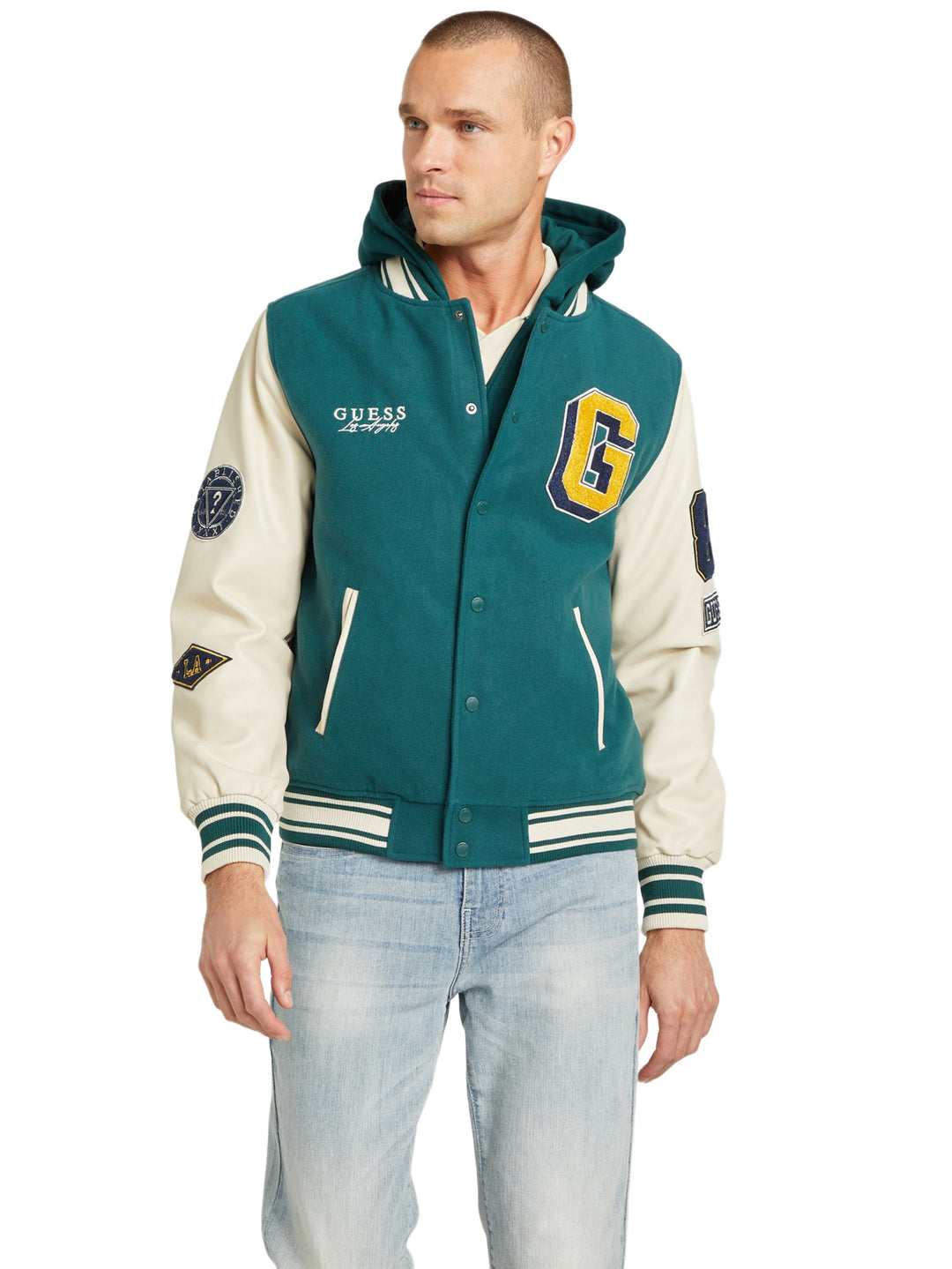 mark hooded varsity jacket