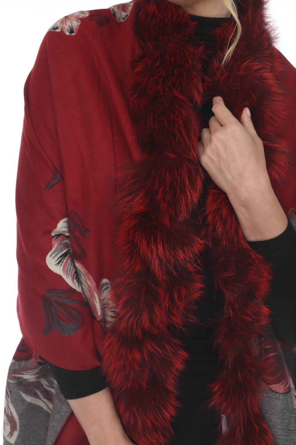 real silver fox trim cashmere blend floral wrap cover-up in wine/black