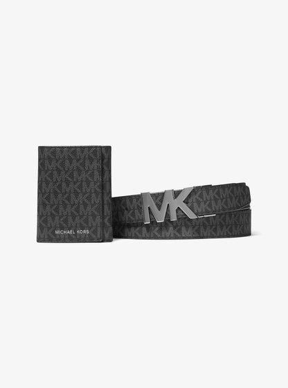 signature logo tri-fold card case and belt gift set