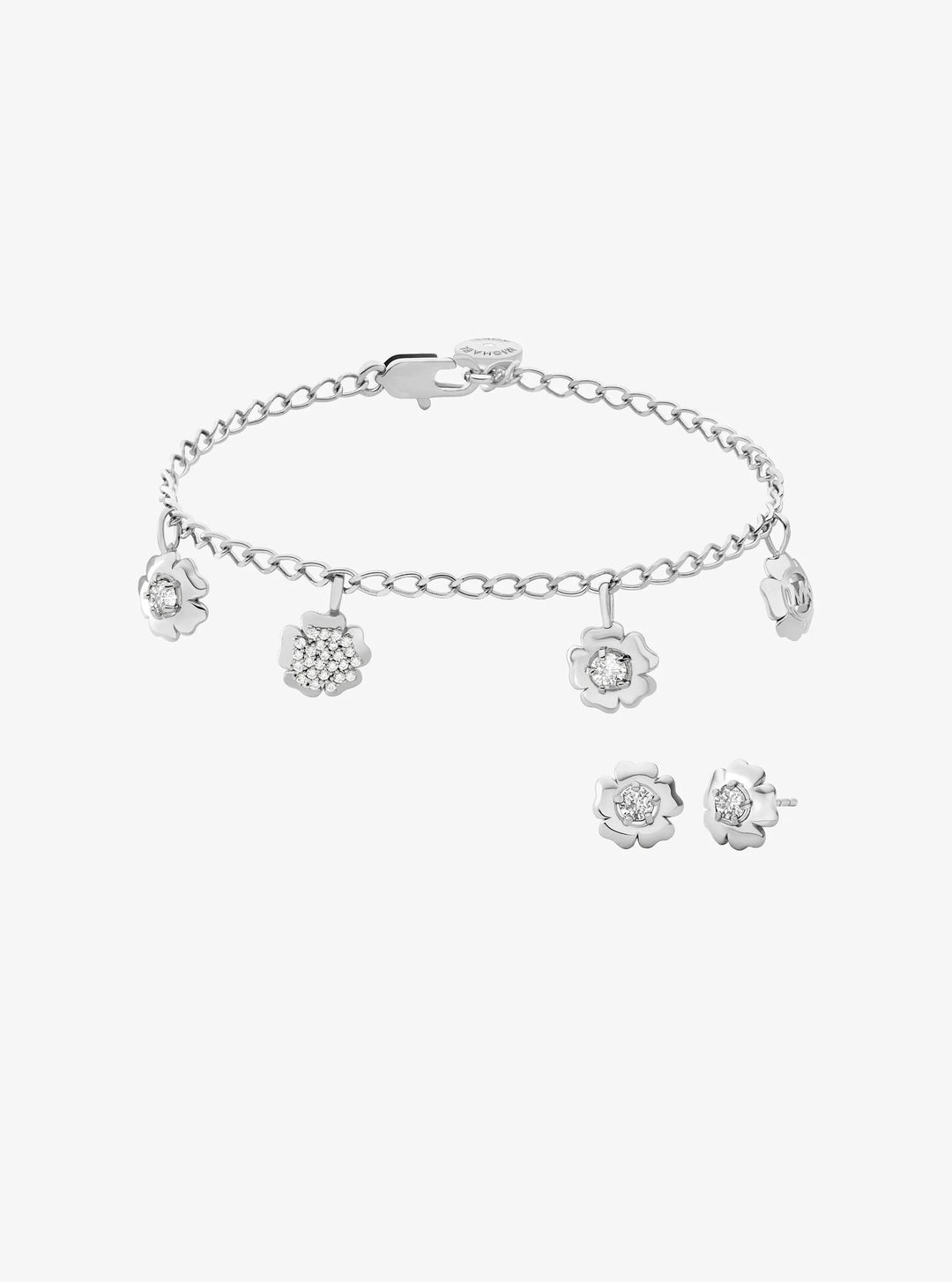 pavé flower charm bracelet and stud earrings jewelry set