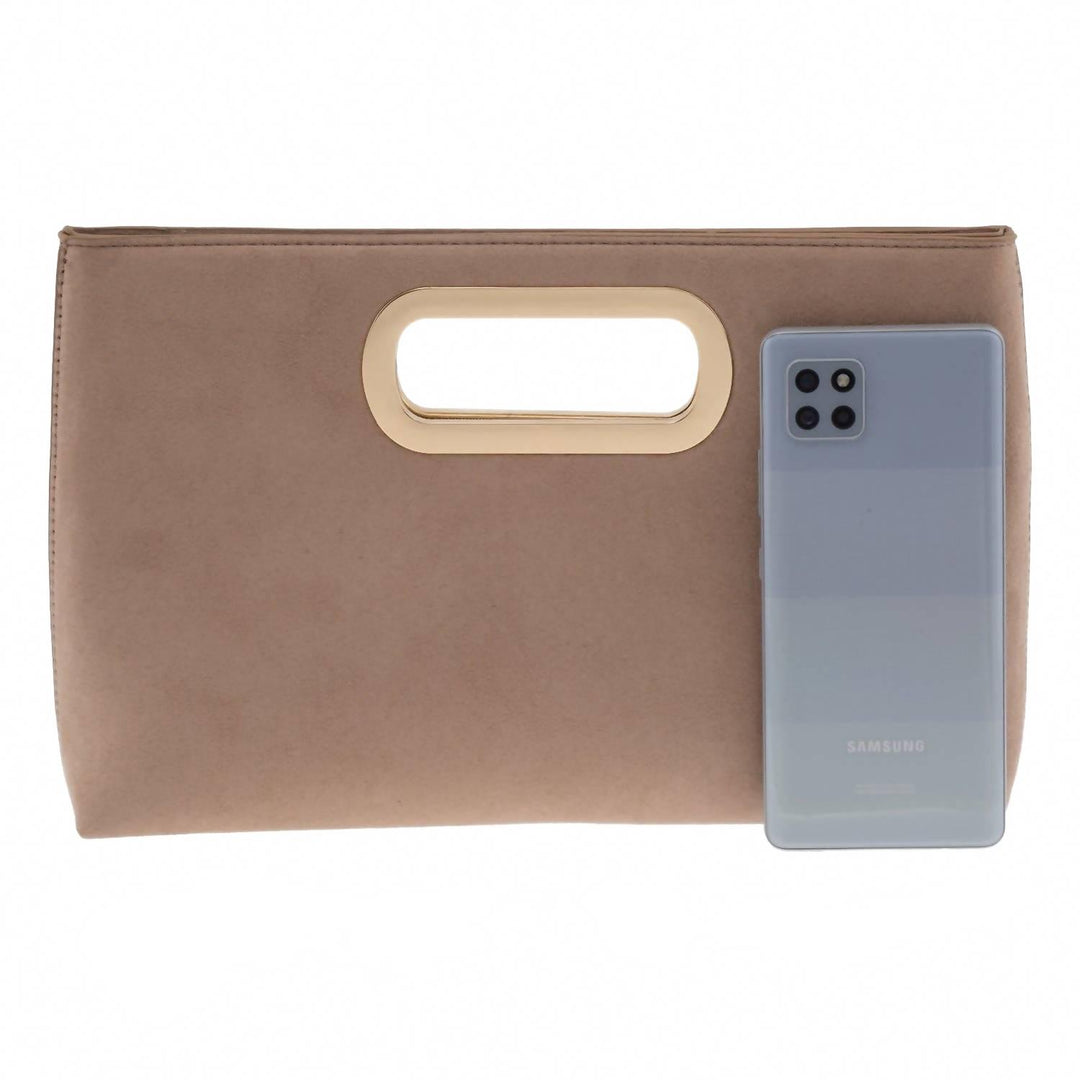 women's celeste top handle faux suede clutch in taupe