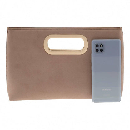 women's celeste top handle faux suede clutch in taupe