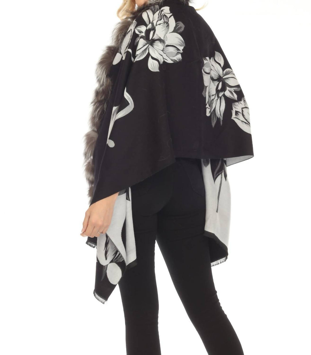 real silver fox trim cashmere blend floral wrap cover-up in black/white