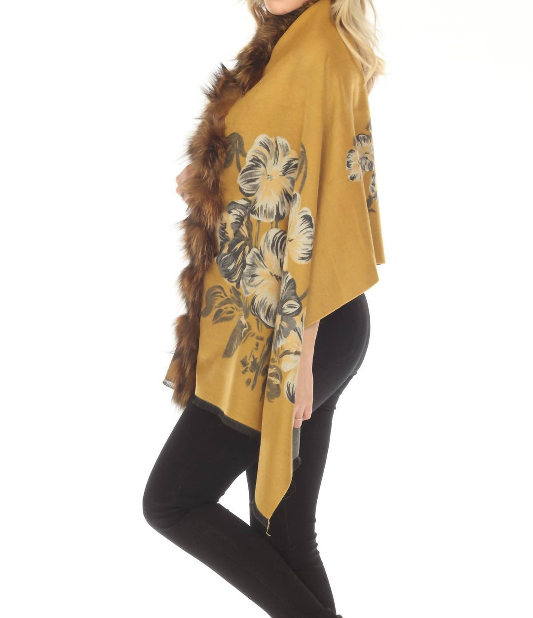 real silver fox trim cashmere blend floral wrap cover-up in mustard