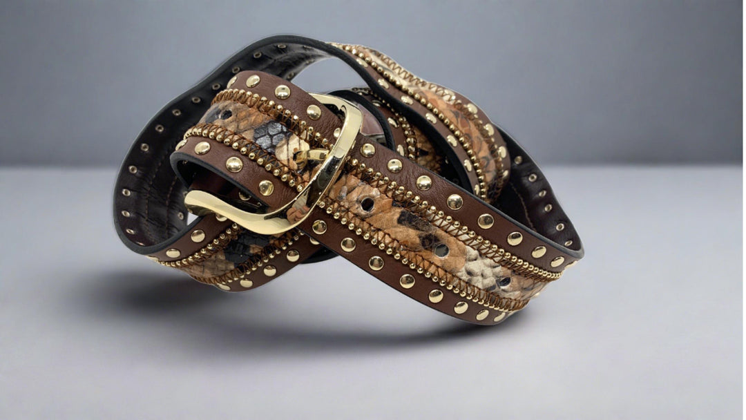 women's gold stud belt in tan
