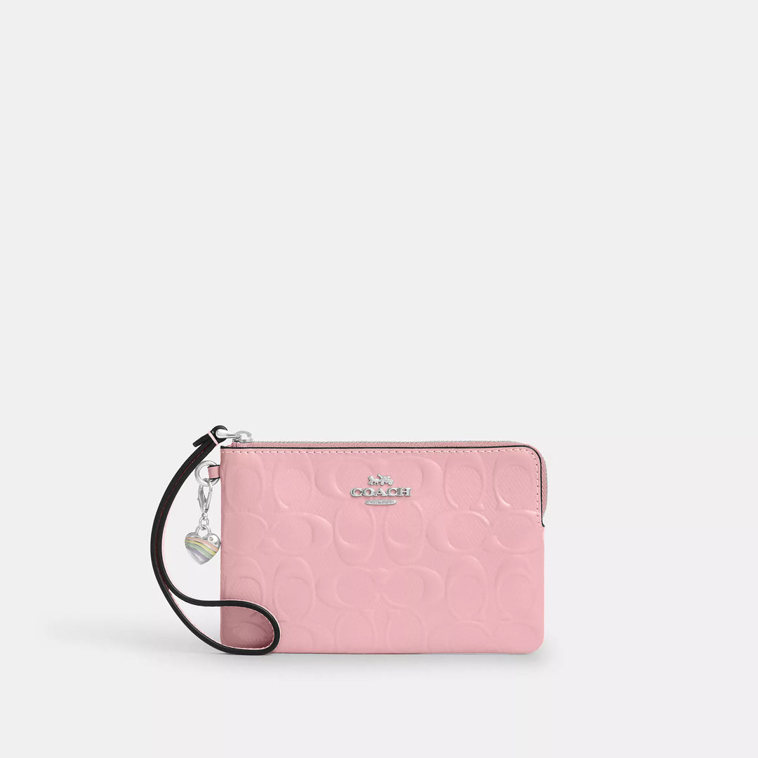 corner zip wristlet in signature leather with heart charm